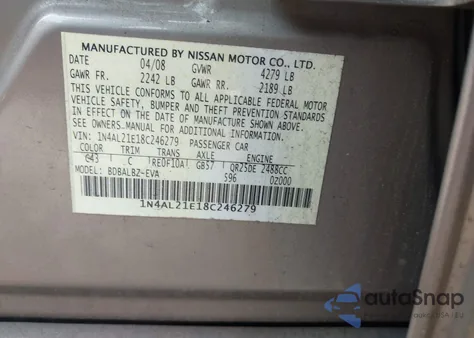 2008 Nissan Altima 2.5 S из США, поврежденный, VIN 1N4AL21E18C246279